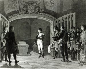 Napoleon meditiert vor dem Grab von Friedrich II. von Preußen in der Krypta der Garnisonkirche in Potsdam, ca. 1810